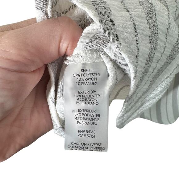 Calvin Klein White Gray Striped Faux Wrap Crepe Midi Dress 10 Classic Work - Picture 5 of 7